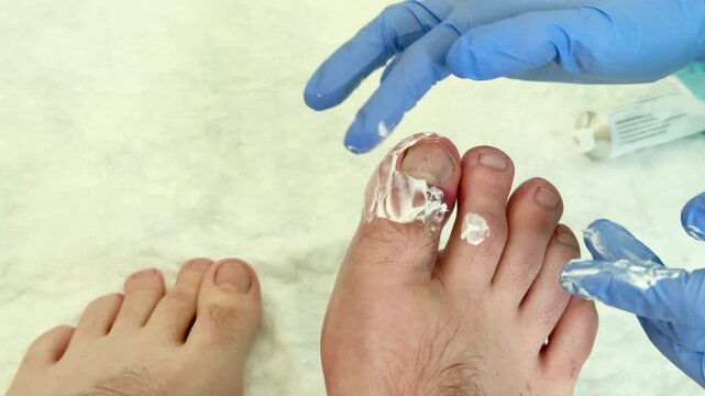 Medical professional applies cream to injured toe of a male patient, showcasing the treatment process in a clinical setting with visible medical supplies nearby