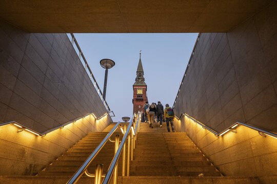 Illuminated staircase, metro station, City Hall in the National Romantic style by Martin Nyrop, City Hall Square or R&aring;dhuspladsen, Copenhagen, Denmark