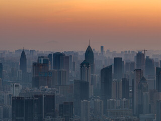 Fototapeta premium Sunrise over the skyline of Wuhan, Hubei, China