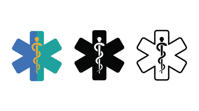 Medical star of life symbol with caduceus in three different modern graphic design styles.