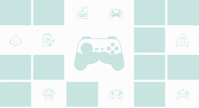Minimalist game controller icon collage on light blue grid background