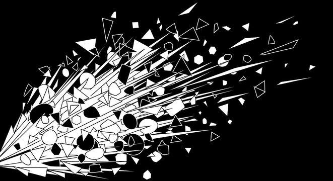Abstract geometric explosion with white shards and fragments scattering dynamically on a dark background, depicting a powerful burst of energy and chaotic visual motion