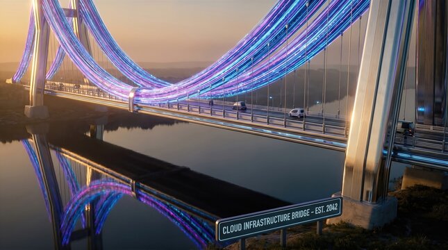 Sci-fi suspension bridge spanning reflective calm water at twilight