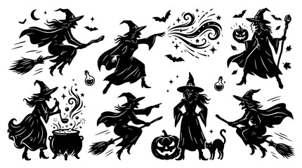 Halloween witch silhouette vector set with flying witches and magic spell illustrations © MdAmzad