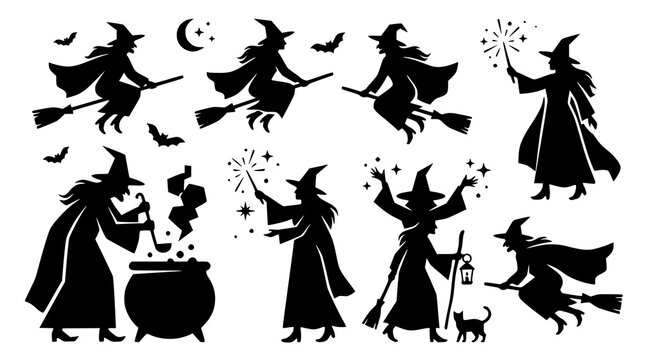 Minimal Halloween witch silhouette vector collection with black magic characters illustration