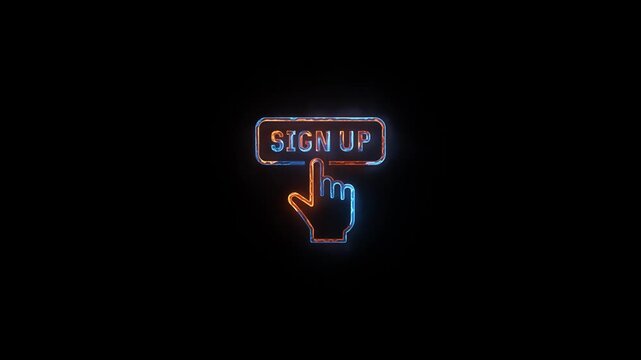 Neon glowing Sign up button video animation on black background. Neon Hand Cursor Clicking sign up button animation. Click button business concept. Neon glowing Finger cursor animation.