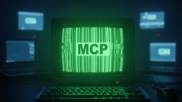 Cybersecurity and hacking concept with multiple monitors displaying green code and the central screen showing MCP text in a dark high-tech environment