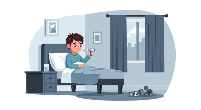 A Sick Child Measures His Temperature While Resting in Bed, Medical Illustration.