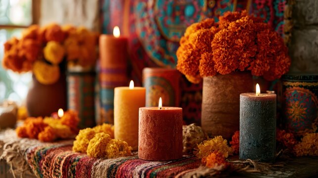 Warm autumn decor with glowing candles and vibrant marigold flowers arranged on a traditional patterned textile