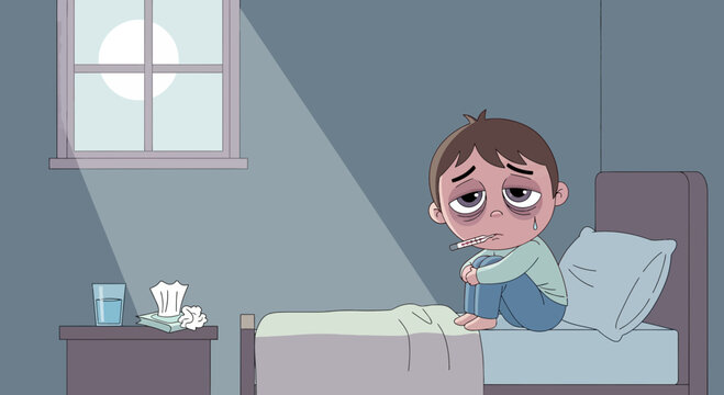 A Sick Child Measures His Temperature, Feeling Miserable In His Bedroom At Night