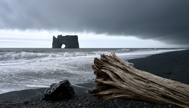 Large piece of weathered driftwood resting on a dark volcanic black sand beach with a distant sea arch rock formation under a dramatic stormy grey sky in Iceland landscape