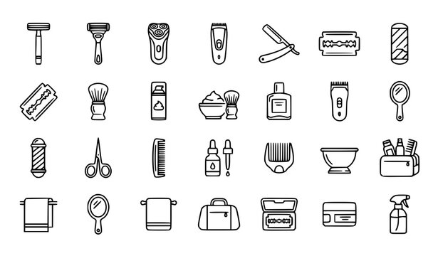 Shaving razor icon set featuring manual razors electric shavers grooming tools barber equipment hair removal blades and men personal care symbols