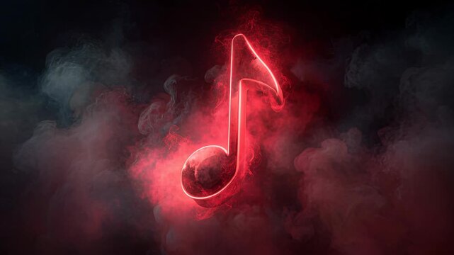 Glowing Red Musical Note Surrounded by Dark Smoke in an Ethereal Atmospheric Setting