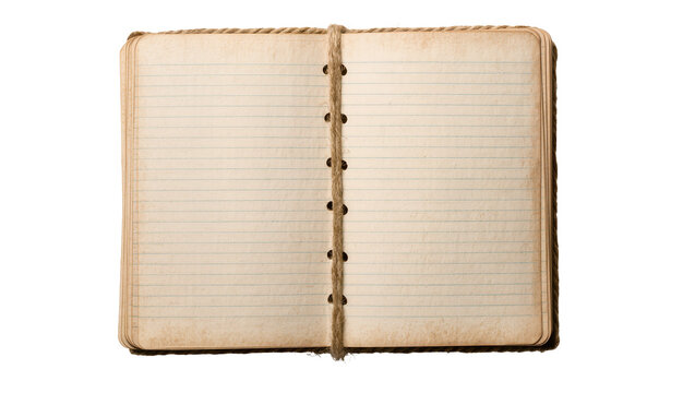 Old lined notebook with twine binding, isolated on transparent background