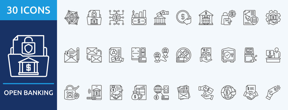 open banking
 - Icon Collection. Thin outline Set contains such Icons as api, fintech, gain, contribution, refund and more. Simple web icons set
