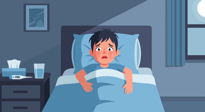A Sick Individual Lying Ill in Bed with a Thermometer Nearby, Depicting Fever