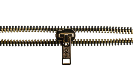 Antique brass zipper slider on open metal teeth, isolated on transparent background © Johnson