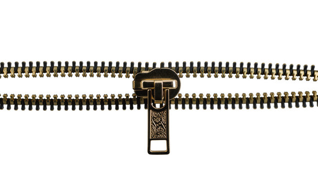 Antique brass zipper slider on open metal teeth, isolated on transparent background