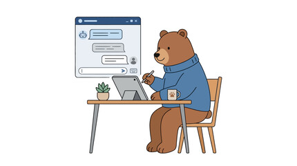 Fototapeta premium Charming bear at desk working on a tablet, with chat interface and coffee mug, illustrating digital communication and remote work