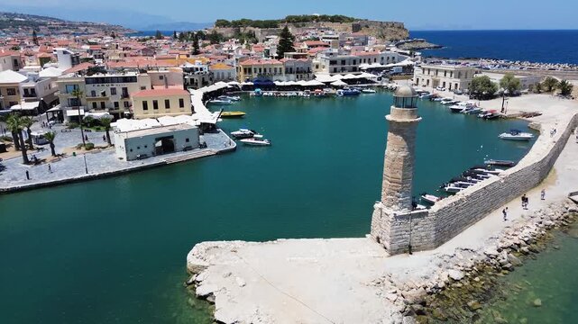 harbor and lighthouse of Rethymno old town, Crete, Greece, retro toned