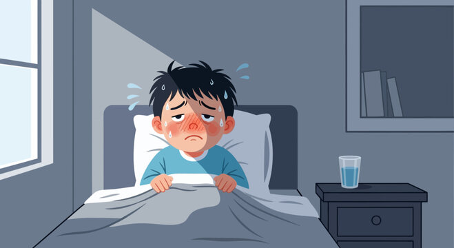 A Sick Child Rests In Bed, Showing Signs of Sickness and Discomfort At Night