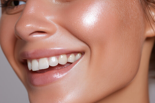 Glowing hydrated cheek smile close up macro teeth radiant skin natural makeup lip gloss skin texture