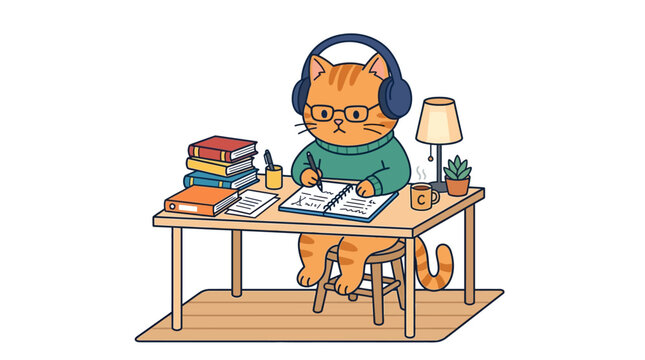 Charming illustration of a focused cat wearing headphones and glasses, diligently studying at a desk adorned with books and a lamp