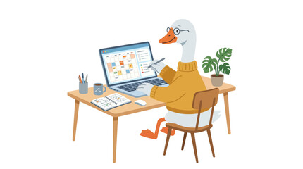 Fototapeta premium Charming cartoon illustration of a goose wearing glasses and a sweater, working diligently at a desk with a laptop and drawing tablet