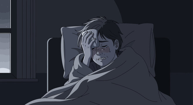A Sick Person In Bed At Night, Feverish, Uncomfortable, Feeling Miserable and Ill
