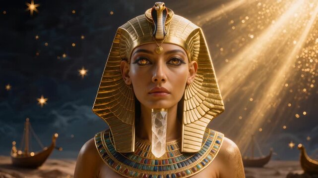 Egyptian female pharaoh wearing golden nemes headdress with cobra uraeus, gemstone collar and crystal pendant, divine golden light rays and starry night sky background.