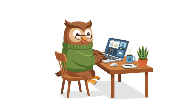 An owl wearing glasses and a sweater sitting at a desk with a laptop and a coffee cup, illustration of a wise owl working on a computer