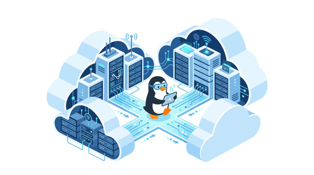 Cloud computing services with a cute penguin character in a digital data center with servers and network connectivity