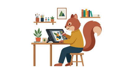 Fototapeta premium Charming Squirrel Illustrator Engaged in Digital Art Creation at a Cozy Desk Studio, Blending Nature's Whimsy with Modern Technology