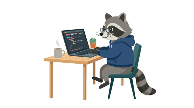 Adorable raccoon character with spectacles and a cozy hoodie diligently programming on a laptop at a desk with a steaming mug, representing an efficient and smart coder