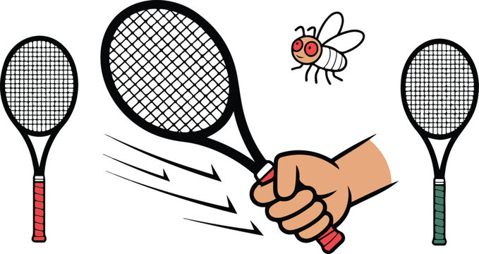 Electronic fly swatter racket vector set featuring hand holding bug zapper with cartoon flies isolated on white background for cleaning.