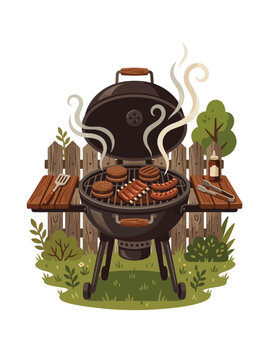 Classic backyard BBQ grill setup with sizzling meats on a sunny day outdoors