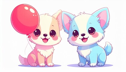 Fototapeta premium 2D cartoon puppy holding a balloon, cute happy face, soft pastel tones, kawaii style, isolated on white background, editable, sticker style, copy space
