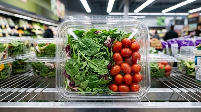 Clear plastic container packed with mixed greens and bright red cherry tomatoes sits on a lit refrigerated grocery store display storage shelf.