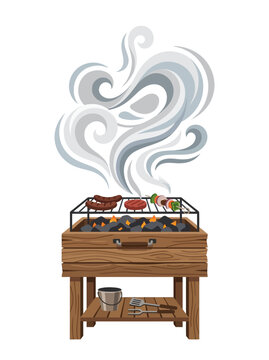 An artistic BBQ scene depicts a rustic outdoor grill with smoke rising and food cooking on it.