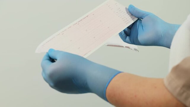 Medical worker reviews printed diagnostic strip after completed test. Specialist holds paper with hands checking recorded data carefully