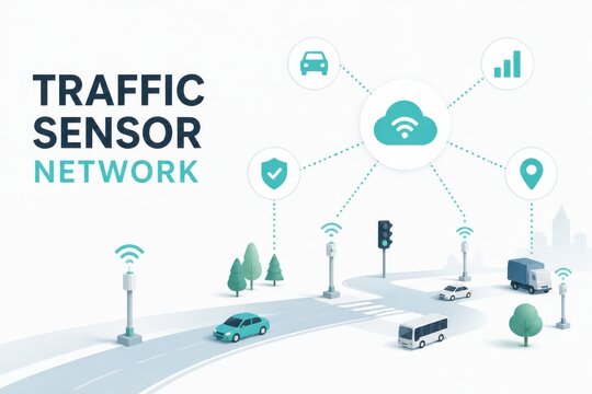 Traffic sensor network illustration with connected smart mobility devices on a modern city street