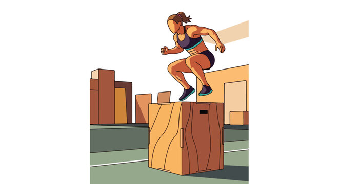 Woman in sportswear mid-jump onto a plyo box in an outdoor urban fitness setting