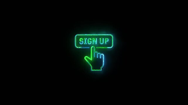 Neon glowing Sign up button video animation on black background. Neon Hand Cursor Clicking sign up button animation. Click button business concept. Neon glowing Finger cursor animation.