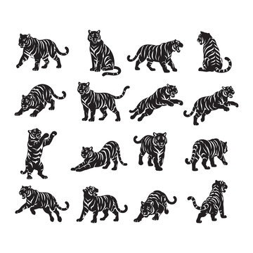 Illustration of a silhouette of a tiger pouncing, Vector of a tiger on a white background