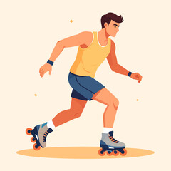 Obraz premium Man rollerblading wearing a tank top and shorts outdoors.