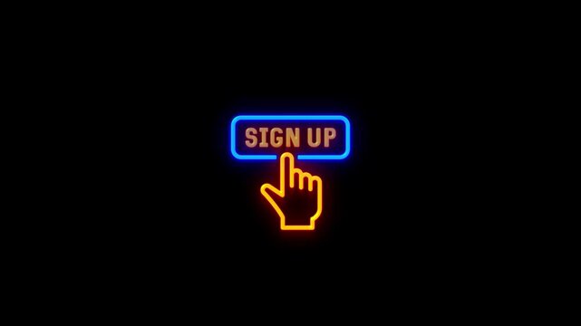 Neon glowing Sign up button video animation on black background. Neon Hand Cursor Clicking sign up button animation. Click button business concept. Neon glowing Finger cursor animation.