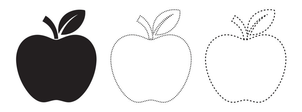 Apple fruit icon set: solid black silhouette outline drawing dotted tracing line silhouette template educational learning activity illustration minimalist isolated