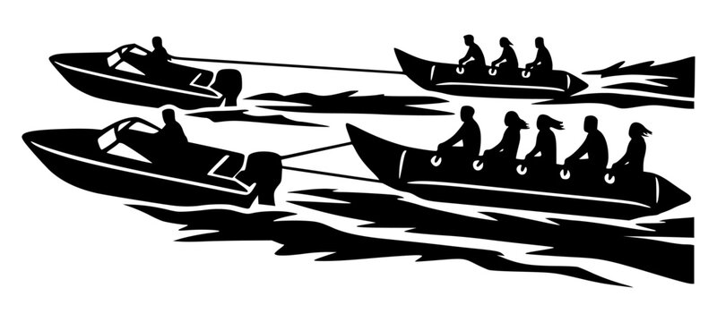 Silhouette of a pair of speedboats racing parallel while towing inflatable banana boats with riders enjoying summer water sports