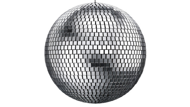Shiny disco ball covered in small square mirrors, isolated on transparent background