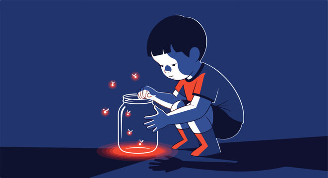 Young boy crouches, watching fireflies glow brightly inside a glass jar at night